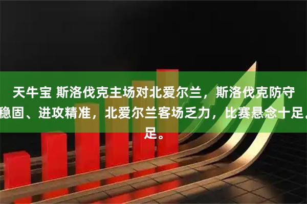 天牛宝 斯洛伐克主场对北爱尔兰，斯洛伐克防守稳固、进攻精准，北爱尔兰客场乏力，比赛悬念十足。